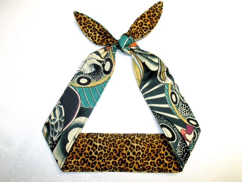 Skinny Narrow Head Scarf Reversible Tattoo Print Hair Wrap Etsy