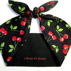Rockabilly Head scarf Headband hair wrap CHERRIES Cherry BLACK Pinup Vintage Retro Style 50&#39;s Banadana