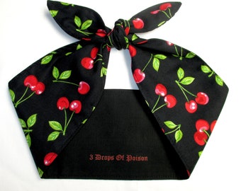 Rockabilly Head scarf Headband hair wrap CHERRIES Cherry BLACK Pinup Vintage Retro Style 50's Banadana