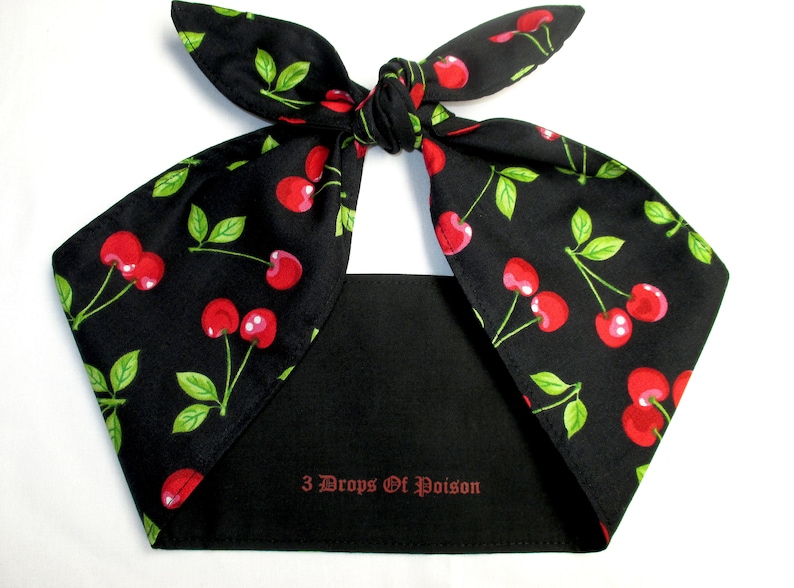 Rockabilly Head scarf Headband hair wrap CHERRIES Cherry BLACK image 0