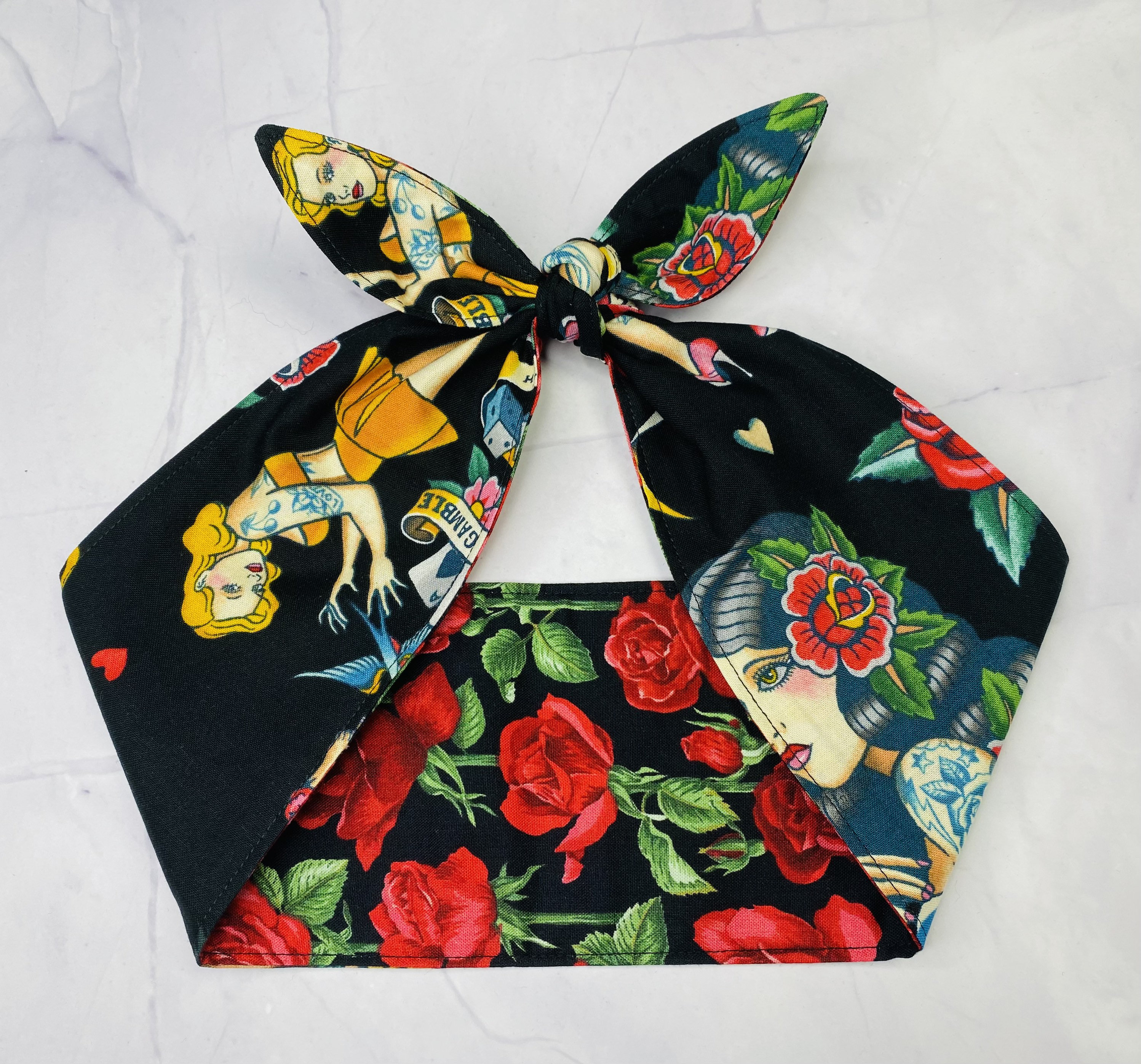 Head Scarf Roses TATTOOS Rockabilly Hair Wrap Headband Bow Black - Etsy