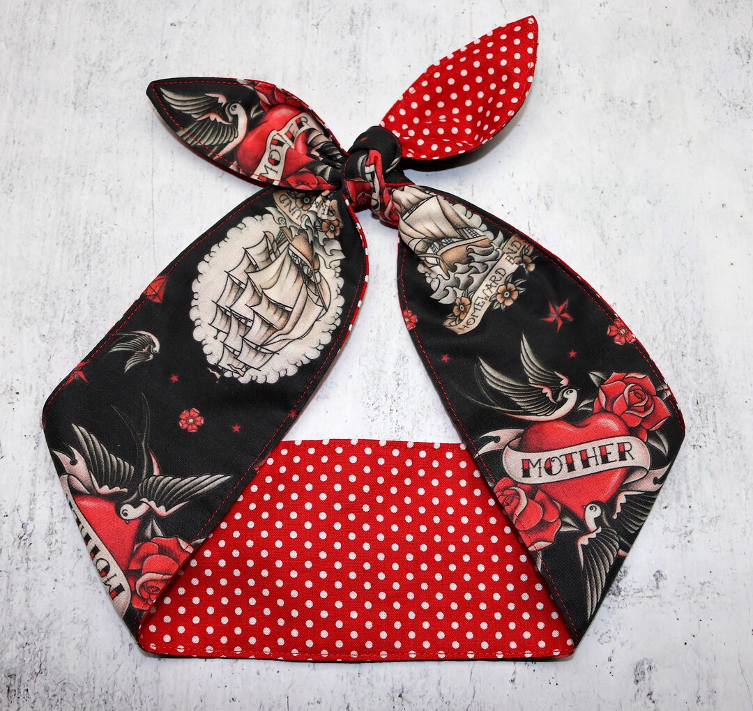 Head Scarf TATTOO MOTHER Rockabilly Hair Wrap Headband Bow Red Polka ...