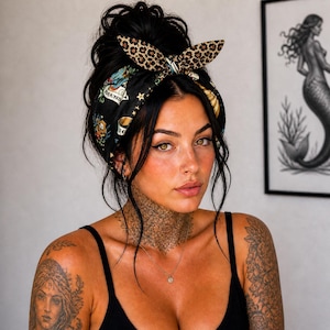 Extra Wide Leopard Head Scarf – Rockabilly Pin Up Hair Wrap, Retro Bow Headband, mermaid Bandana black