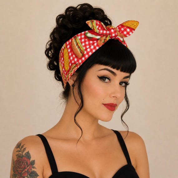 Red White Gingham Picnic Head Scarf, Rockabilly Pin up Hair Wrap