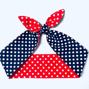 REVERSIBLE headband White Red Navy Polka dots Head Scarf wrap Retro Dolly Bow