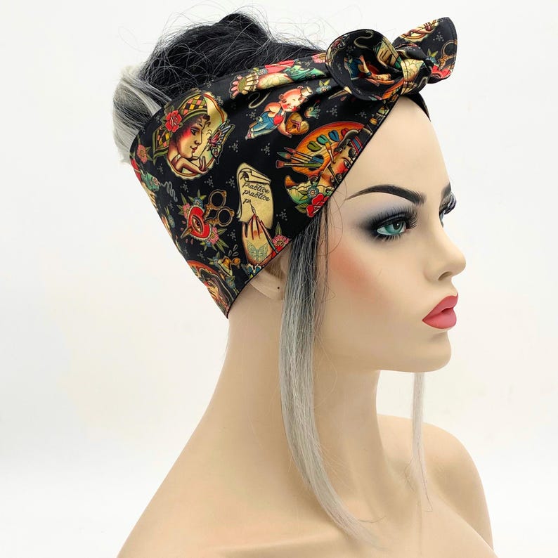 Retro Head Accessory Tattoo Print Head Scarf, Rockabilly Hair Wrap, Pinup Style Self Tie ...