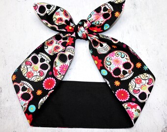 Sugar Skulls Headband Black Rockabilly Head Wrap Scarf Bandana Day of  the Dead