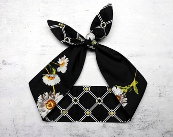 Headband head scarf BLACK gold Floral Flowers Rockabilly Head Wrap Scarf  Bandana