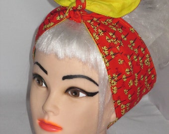 Rot Gelb Blumen Stirnband Kopftuch Vintage Retro Style 50er Jahre Rockabilly Floral