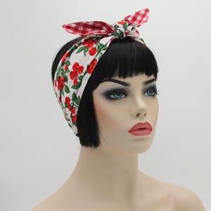 Vintage inspired Cherry gingham Headband Head scarf hair wrap bow Bandana tie reversible red