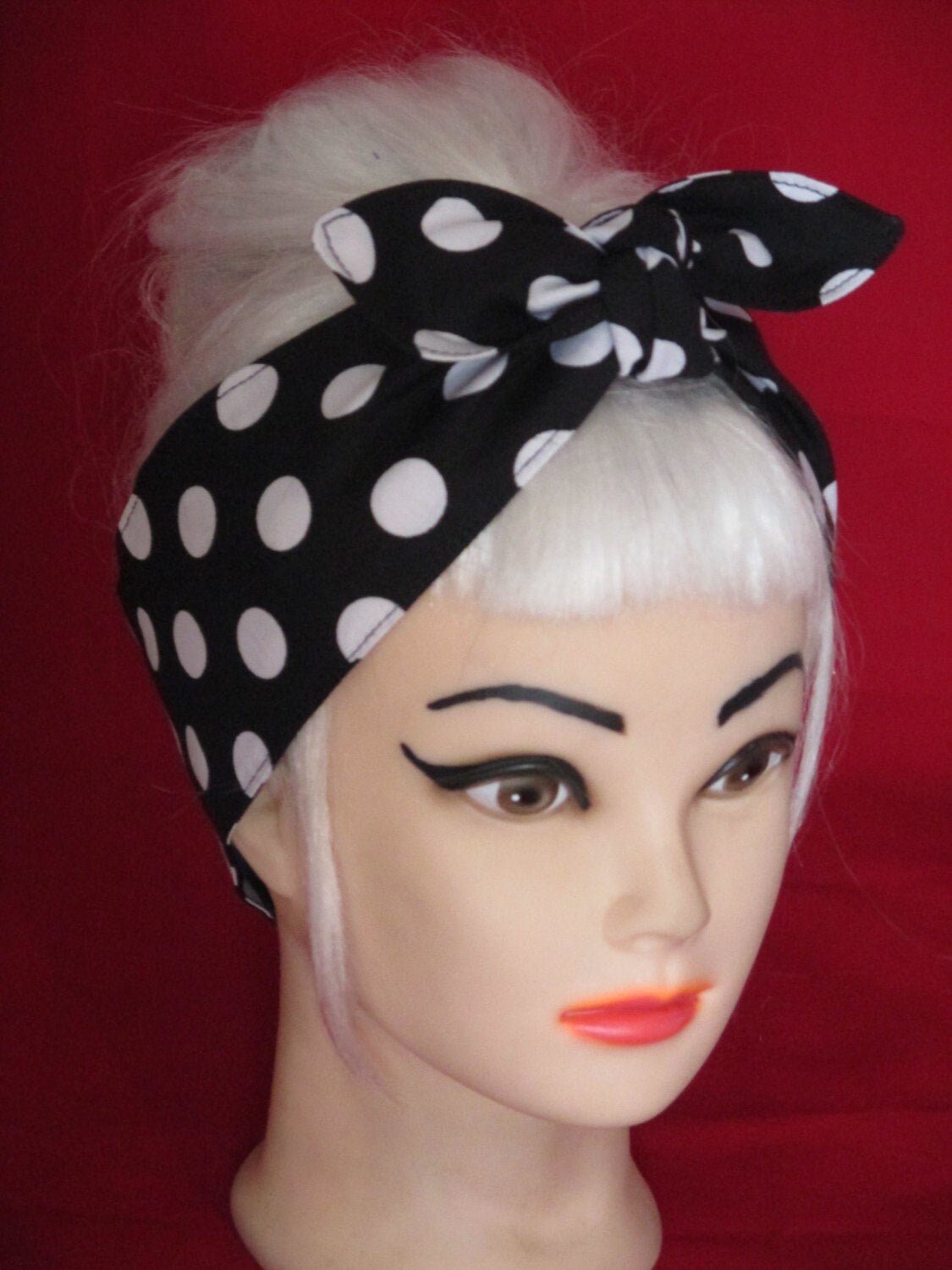 Head Scarf Wrap Black White Polka Dots Headband Bandana Rockabilly Bow ...