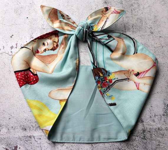 Sexy Pinup Girl Swimwear Headband Head Scarf Blue Pin-up Retro 50s