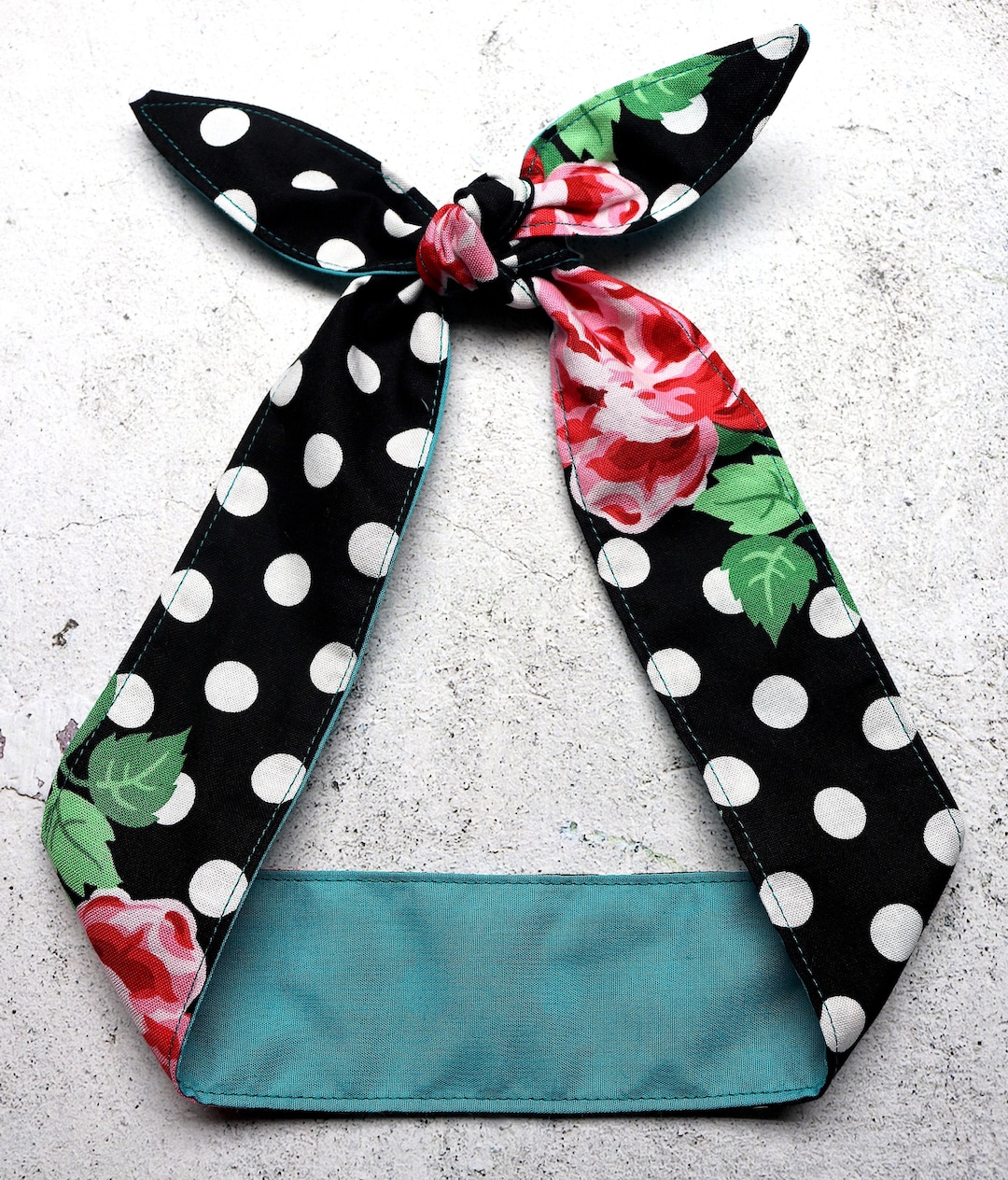 Headband Black White Polka Dots Head Scarf Bow Pink Roses Flowers ...