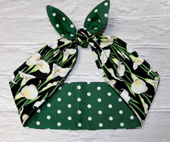 Head Scarf Hair Wrap Headband Green Dot Floral White Spring  display picture 2