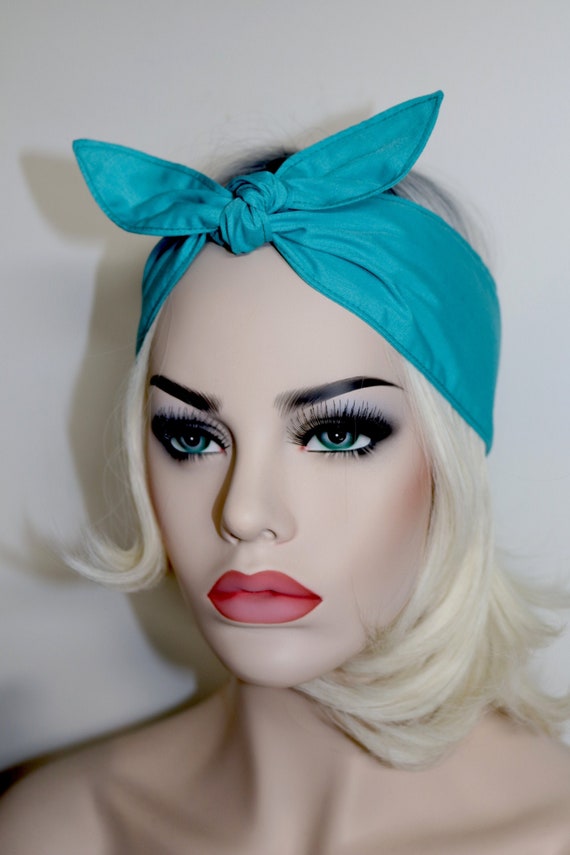 Head Scarf teal Blue Rockabilly turquoise headband dolly bow hair wrap