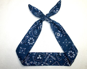 Head Scarf blue Bandana kerchief Headband bow Rockabilly