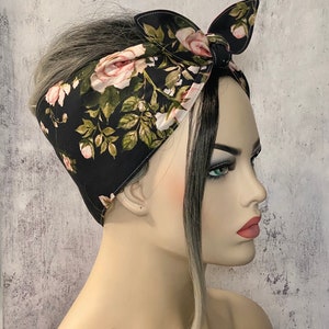 Pink roses black Headscarf Extra wide hair wrap Rockabilly Head Scarf tie headband