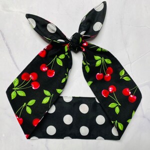 REVERSIBLE Rockabilly knotted Headband CHERRIES head scarf black white polka dots  Pinup Retro Banadana