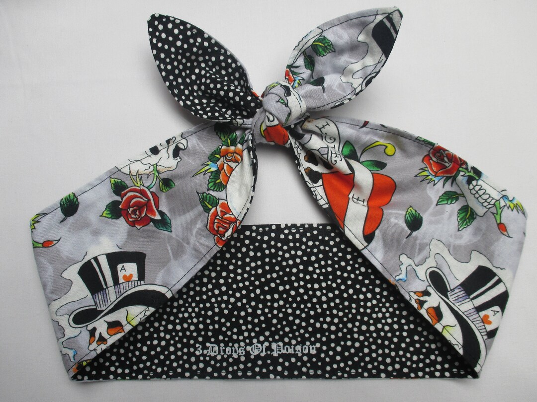 Headband Tattoo Rockabilly Head Scarf Wrap Skulls White Black Dots ...
