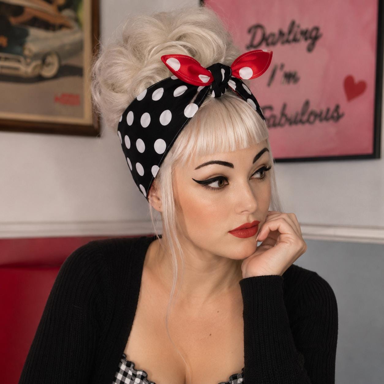 Reversible Polka Dot Head Scarf Red Black White Rockabilly Hair