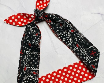 Black White bandana red polka dots Headband  Rockabilly Head Wrap Scarf Bandana