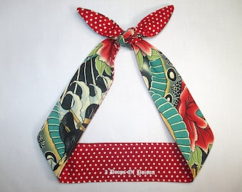 Head Scarf Reversible Red and White  Polka Dots Rockabilly Tattoo print Knotted Head scarf Wrap Tie top knot headband