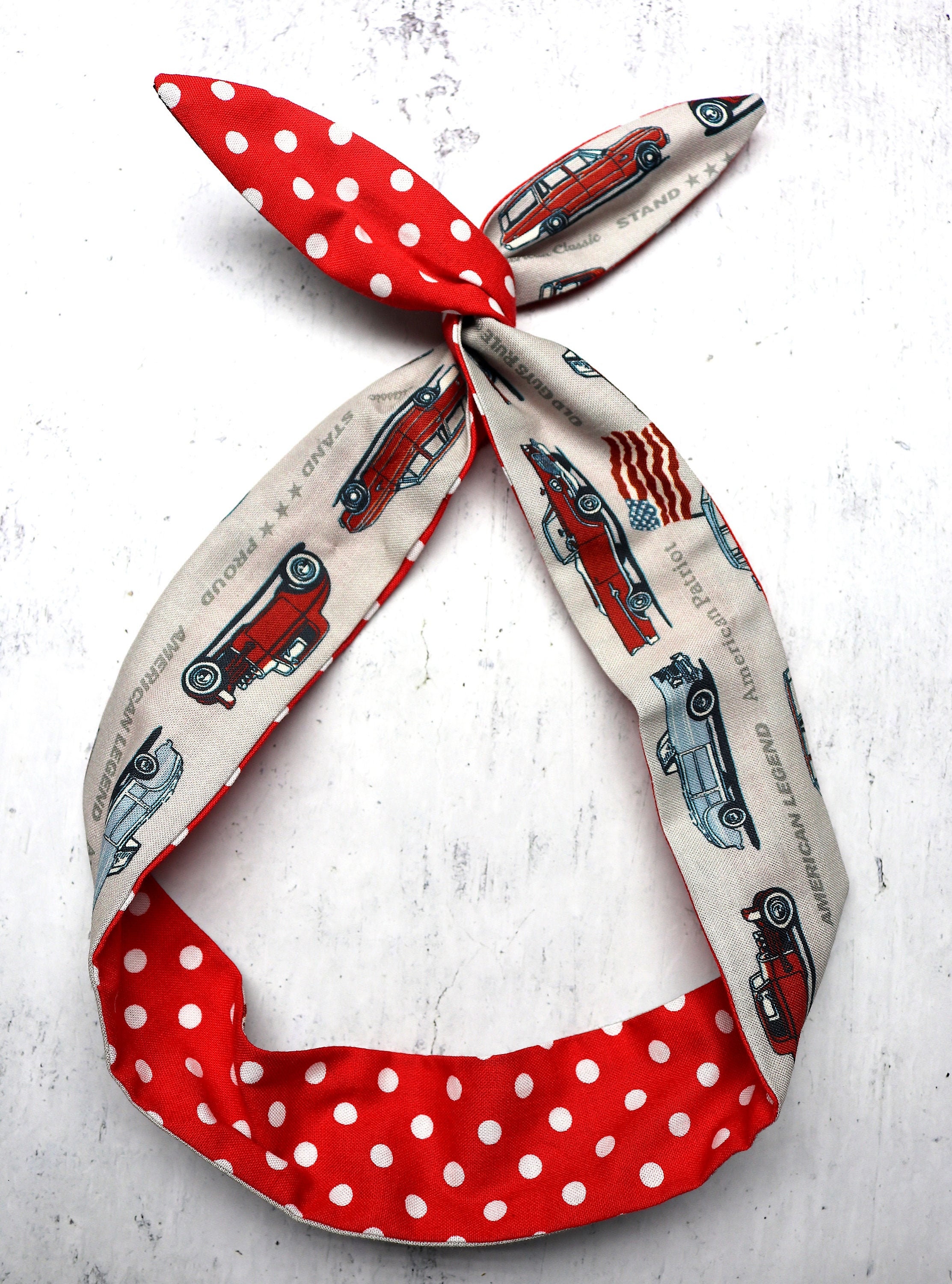 WIRE TWIST Headband Vintage Cars Show Head Scarf Red Polka Dot