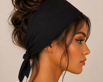 Pañuelo para la cabeza de mezcla de algodón negro, ancho, con lazo para atar, diadema suave, accesorio para el cabello de mujer