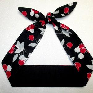 Rockabilly skinny Headband  CHERRIES Cherry red / black  Pinup Vintage Retro Style 50&#39;s Banadana