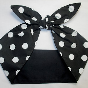 Head Scarf Black white Polka Dots Headband Retro hair wrap top knot bow tie bandana