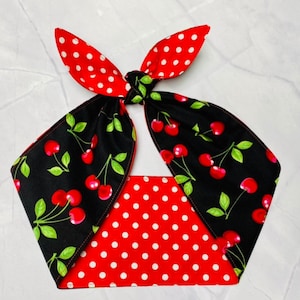 Headband Head Scarf CHERRIES Red White Polka Dots Retro Rockabilly Head Wrap Scarf Bandana tie