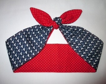 White Red Polka points Réversible Marine flamants roses bleu Rockabilly Head Scarf Rétro