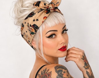 Reversible Tattoo Head Scarf – Rockabilly Pin Up Hair Wrap – Vintage Retro Headband – Self Tie Hair Scarf