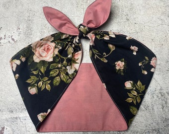 Pink roses black Headscarf Extra wide hair wrap Rockabilly Head Scarf tie headband dusty pink