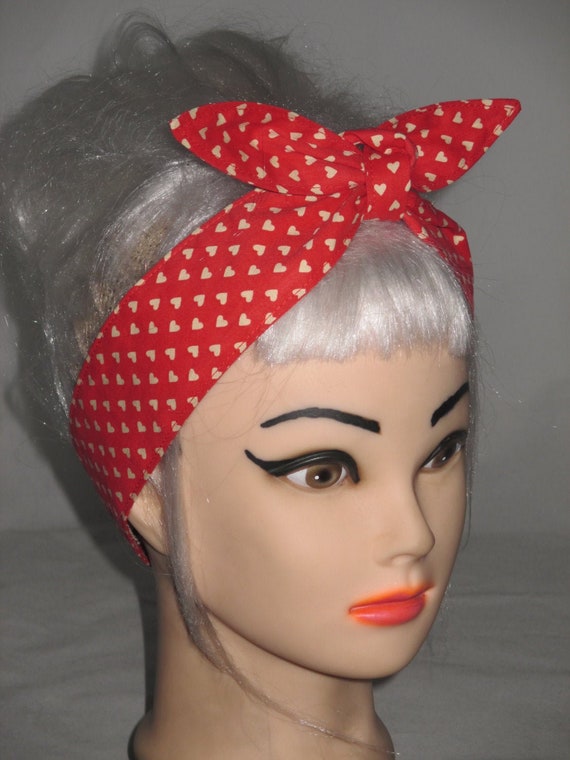 Red HEARTS Rockabilly Head Scarf Headband Vintage Inspired  display picture 3