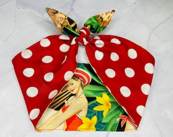 Pañuelo para la cabeza con estampado tropical de lunares rojos con estampado floral estilo pin-up retro rockabilly Rosie la remachadora