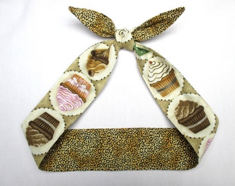 Skinny Headband CUPCAKES leopard cheetah head scarf animal print reversible Retro Style 50s Rockabilly Head Wrap Scarf Dolly Bow Brown