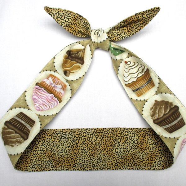 Skinny Headband CUPCAKES leopard cheetah head scarf animal print reversible Retro Style 50s Rockabilly Head Wrap Scarf Dolly Bow Brown