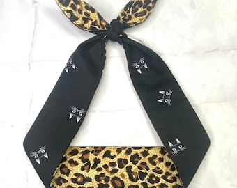 Leopard Hair wrap Black Head scarf kitty cat Headband