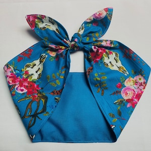 Blue Teal animal skull pink floral Headscarf hair wrap Rockabilly Head Scarf tie headband