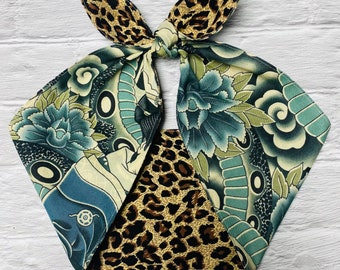 Cheetah Head Scarf TATTOO leopard Rockabilly Wrap Tie knotted headband dolly bow Black Tattoo print headband