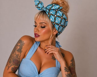 Extra breites Kopftuch geometrisch Blau Rockabilly Kopftuch Wickelkrawatte türkis