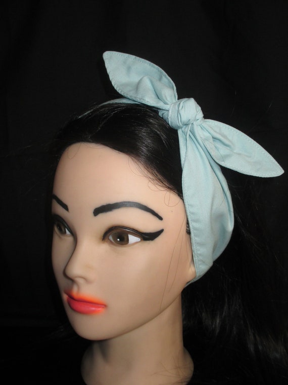 Headband Solid light ocean blue grey dolly bow Head scarf Rockabilly Pin-up  Wrap Tie - Main Image