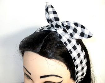 Wire twist Headband black and white checkered squares Rockabilly Pin-up Retro Style Head scarf Wrap Tie