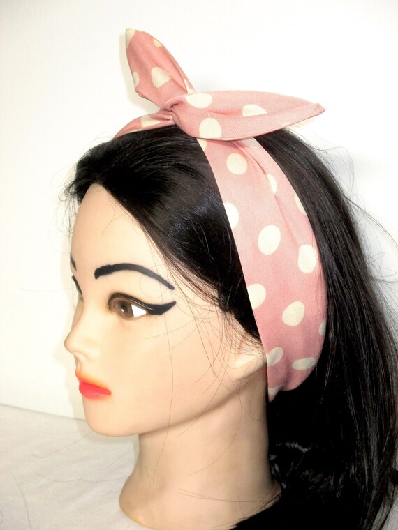 Black Pink vintage polka dots headband head scarf hair wrap rockabilly dolly bow