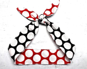 REVERSIBLE White Red Black Polka dots Rockabilly Head Scarf 50 s Pinup Vintage Retro Dolly Bow Rosie the Riveter
