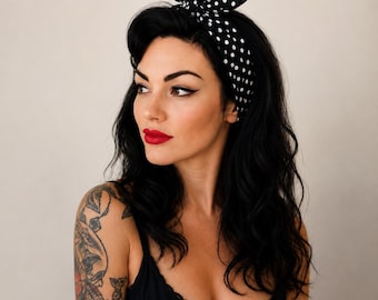 Bandeau noir à pois blancs, écharpe pour cheveux avec noeud Dolly, serre-tête pin up vintage des années 50, bandeau rockabilly rétro, serre-tête skinny à nouer