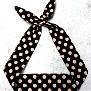 Pink Polka Dots on Black Headband rose gold Rockabilly Head Scarf Wrap