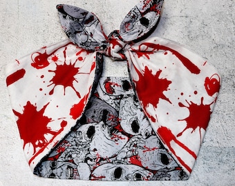 Reversible Blood Splatter Stains WHITE Zombie goth Head scarf Headband Halloween Rockabilly Horror Monsters Bloody Bow