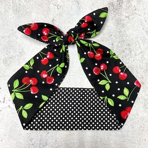 REVERSIBLE Rockabilly knotted Headband CHERRIES head scarf black white polka dots  Pinup Retro Banadana